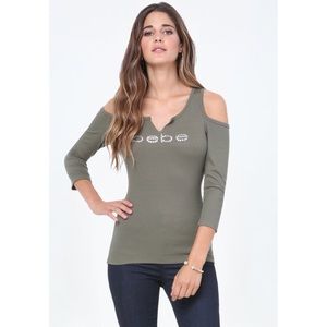 Bebe Logo Cold Shoulder Slit V Olive Green Top